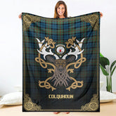 Colquhoun Ancient Tartan Crest Premium Blanket - Celtic Stag style